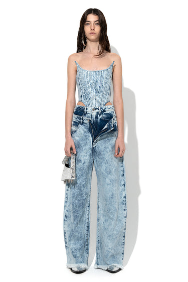 ACID WASH DENIM DOUBLE WAIST BOYFRIEND TROUSERS