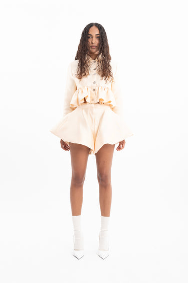 BEIGE HEAVY SATIN VOLUME DRAPED SHORTS marques ameida