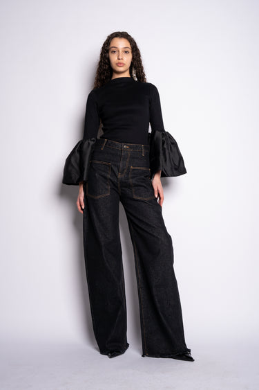 BLACK DENIM PATCH POCKET BOYFRIEND JEANS