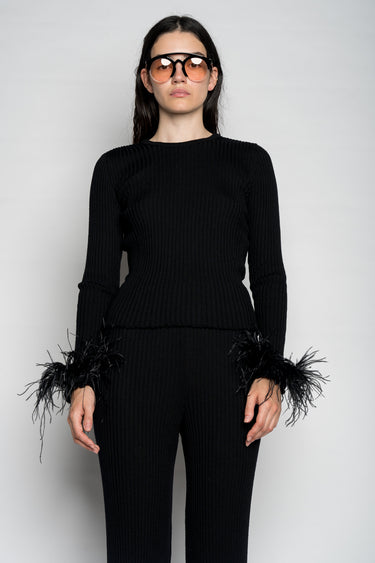 BLACK MERINO WOOL FITTED TOP WITH FEATHERS marques almeida