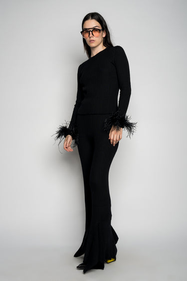 BLACK MERINO WOOL FITTED TOP WITH FEATHERS marques almeida