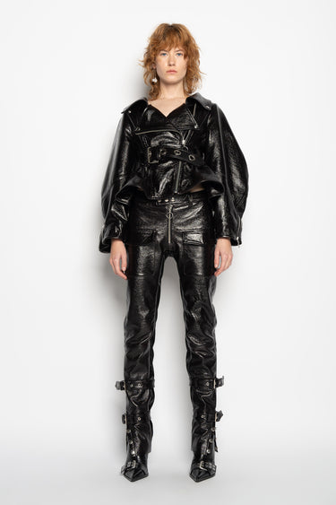 BLACK POINTY NECK LEATHER JACKET marques almeida