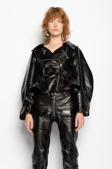 BLACK POINTY NECK LEATHER JACKET marques almeida