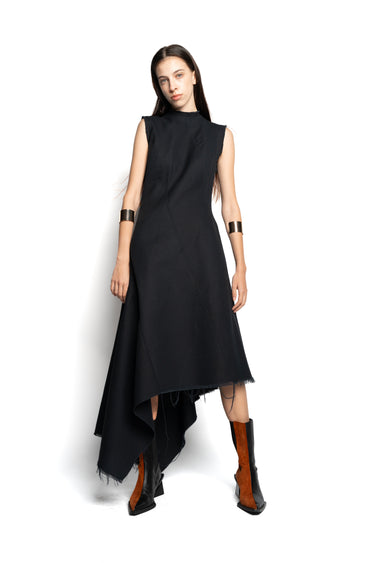 BLACK WOVEN SLEEVELESS DRESS WITH ASYMMETRIC HEM marques almeida