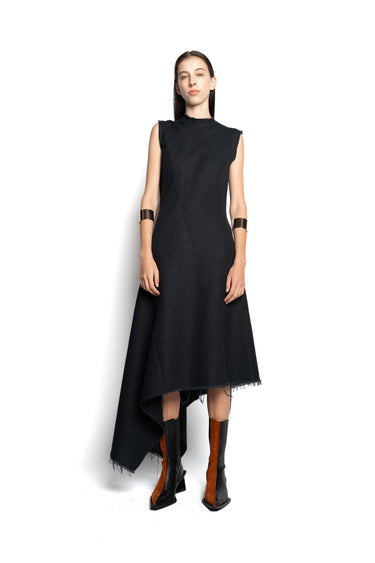 BLACK WOVEN SLEEVELESS DRESS WITH ASYMMETRIC HEM marques almeida