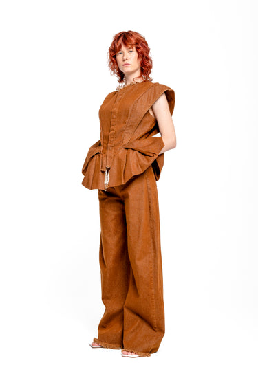 BROWN DENIM STRUCTURE SHOULDER CINCHED TOP marques almeida