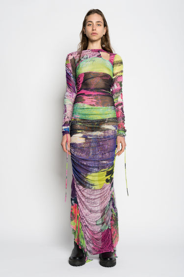 GRAFFITI PRINT LONG GATHERED MESH DRESS marques almeida