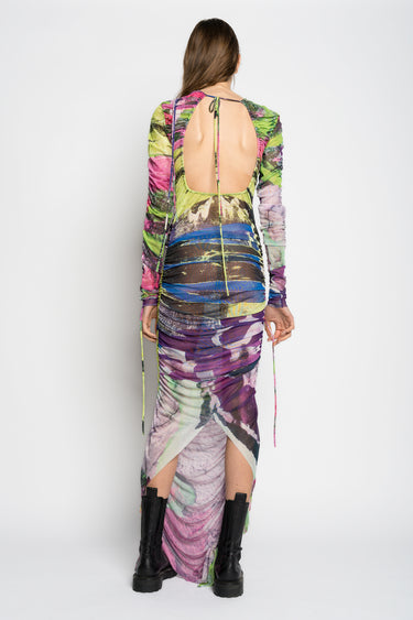 GRAFFITI PRINT LONG GATHERED MESH DRESS marques almeida