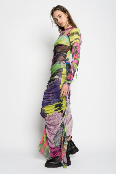 GRAFFITI PRINT LONG GATHERED MESH DRESS marques almeida