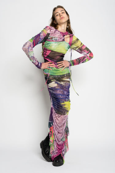 GRAFFITI PRINT LONG GATHERED MESH DRESS marques almeida