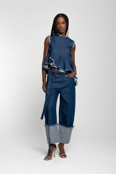 INDIGO ROLL UP TROUSERS WITH BELTS marques almeida