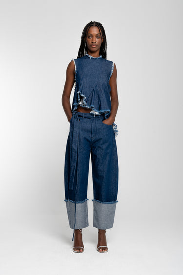 INDIGO ROLL UP TROUSERS WITH BELTS marques almeida