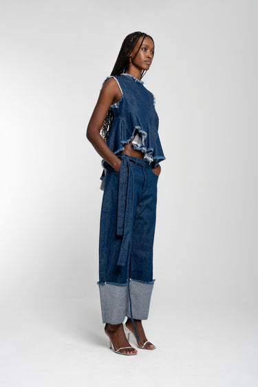 INDIGO ROLL UP TROUSERS WITH BELTS marques almeida