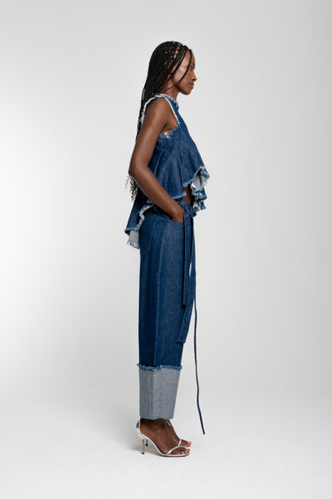 INDIGO ROLL UP TROUSERS WITH BELTS marques almeida