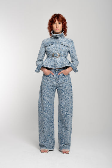 LIGHT BLUE BROCADE DENIM BOYFRIEND TROUSERS