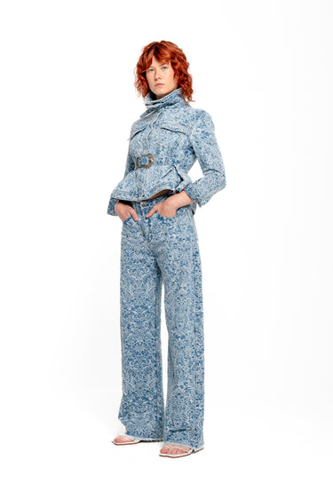 LIGHT BLUE BROCADE DENIM BOYFRIEND TROUSERS marques almeida