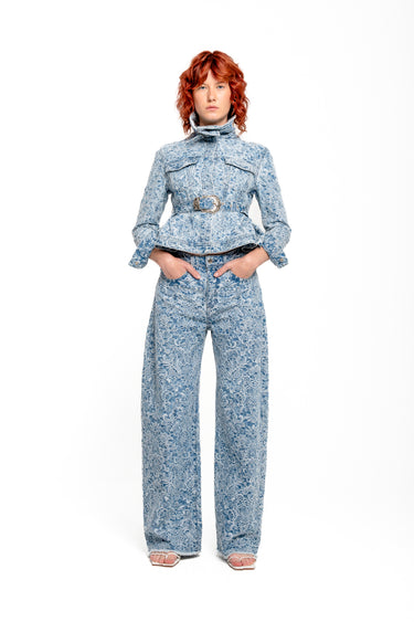 LIGHT BLUE FITTED JACKET WITH EMBELLISHMENT BELT marques almeida