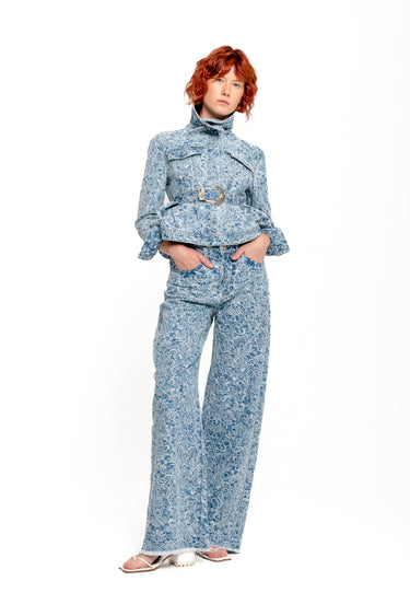 LIGHT BLUE FITTED JACKET WITH EMBELLISHMENT BELT marques almeida