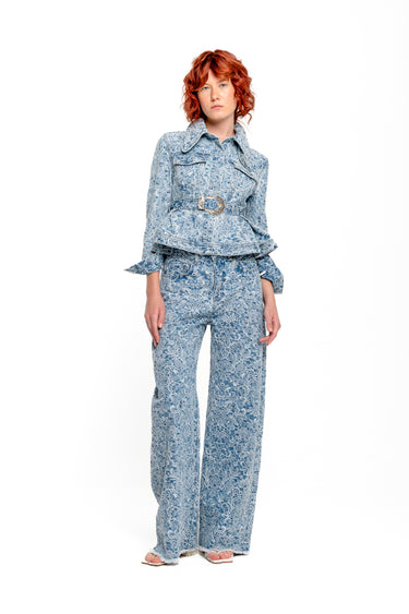 LIGHT BLUE FITTED JACKET WITH EMBELLISHMENT BELT marques almeida