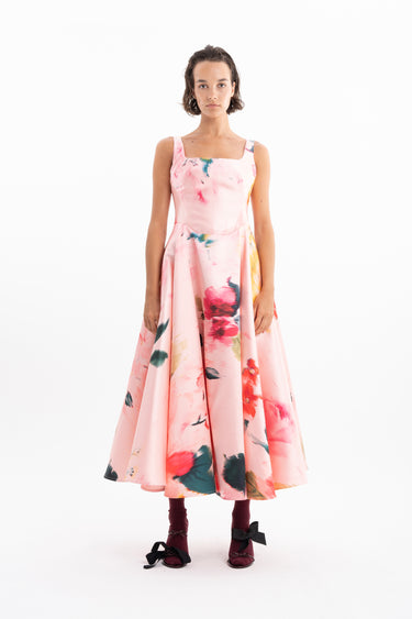 PINK FLORAL CORSET STYLE MIDI DRESS WITH A LINE SKIRT MARQUES ALMEIDA