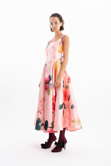 PINK FLORAL CORSET STYLE MIDI DRESS WITH A LINE SKIRT MARQUES ALMEIDA