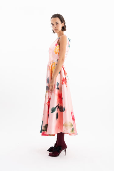 PINK FLORAL CORSET STYLE MIDI DRESS WITH A LINE SKIRT MARQUES ALMEIDA