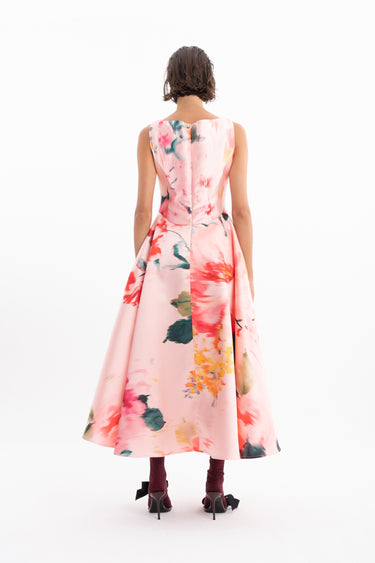 PINK FLORAL CORSET STYLE MIDI DRESS WITH A LINE SKIRT MARQUES ALMEIDA