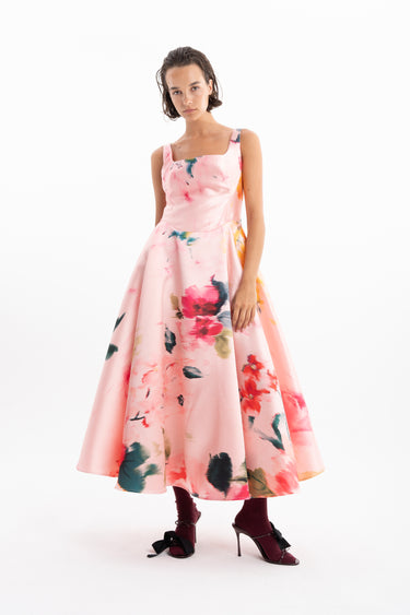 PINK FLORAL CORSET STYLE MIDI DRESS WITH A LINE SKIRT MARQUES ALMEIDA