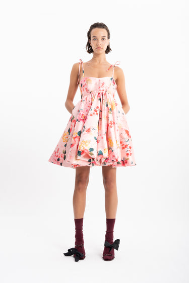 PINK FLORAL MINI BABYDOLL DRESS WITH KNOT STRAPS marques almeida