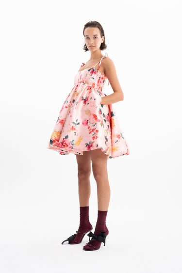 PINK FLORAL MINI BABYDOLL DRESS WITH KNOT STRAPS marques almeida