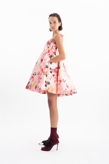 PINK FLORAL MINI BABYDOLL DRESS WITH KNOT STRAPS marques almeida