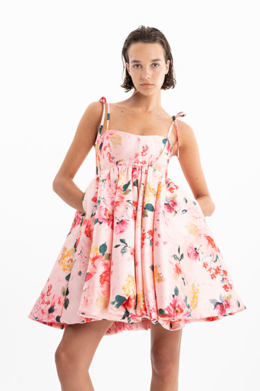 PINK FLORAL MINI BABYDOLL DRESS WITH KNOT STRAPS marques almeida