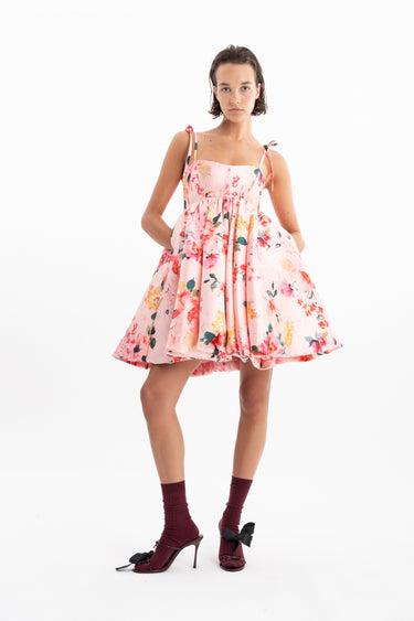 PINK FLORAL MINI BABYDOLL DRESS WITH KNOT STRAPS marques almeida