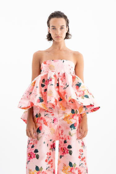 PINK FLORAL STRAPLESS PEPLUM KNOT BACK TOP marques almeida