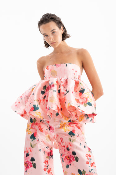 PINK FLORAL STRAPLESS PEPLUM KNOT BACK TOP marques almeida