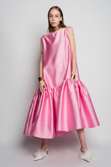 PINK MIDI SLEEVELESS PUFF HEM DRESS marques almeida