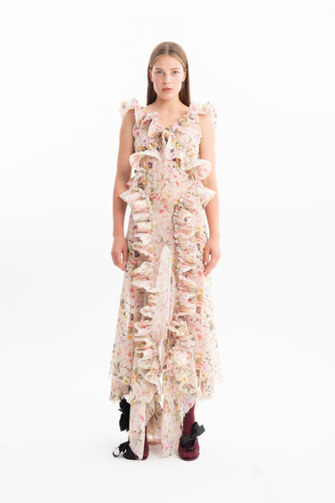 PRINTED CHIFFON STRUCTURED RUFFLES MIDI DRESS marques almeida