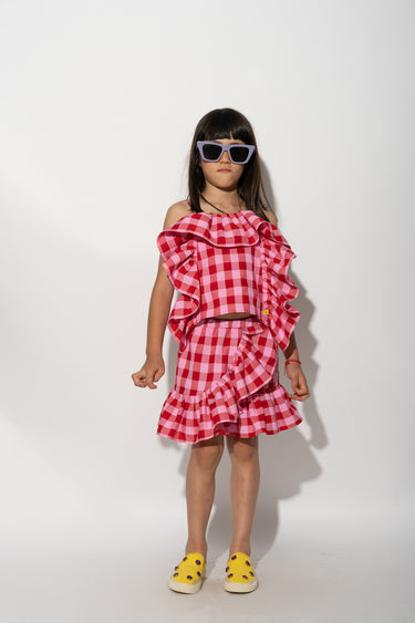 RED AND PINK GINGHAM FRILL TOP makids