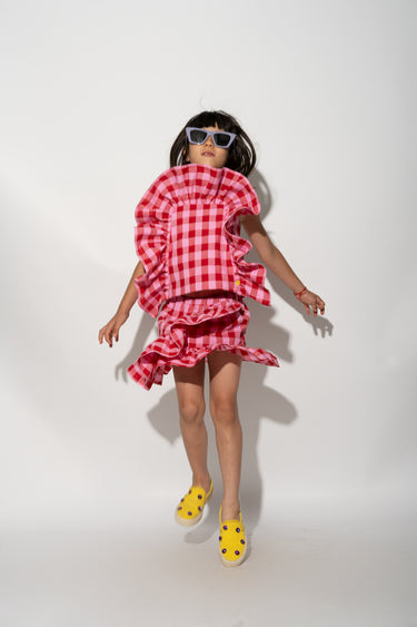 RED AND PINK GINGHAM FRILL TOP makids