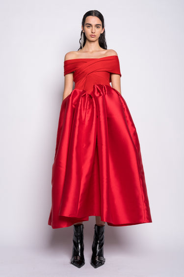 RED OFF SHOULDER FULL SKIRT DRESS marques almeida