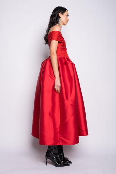 RED OFF SHOULDER FULL SKIRT DRESS marques almeida