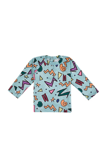 TURQUOISE SQUIGGLE PRINT LONG SLEEVE SWIM TOP makids