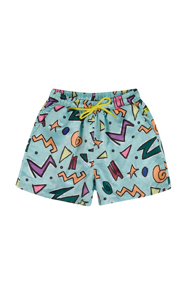 TURQUOISE SQUIGGLE PRINT SWIM SHORT makids