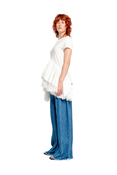 WHITE CAP SLEEVE T-SHIRT WITH FRILL AND LACE HEM marques almeida