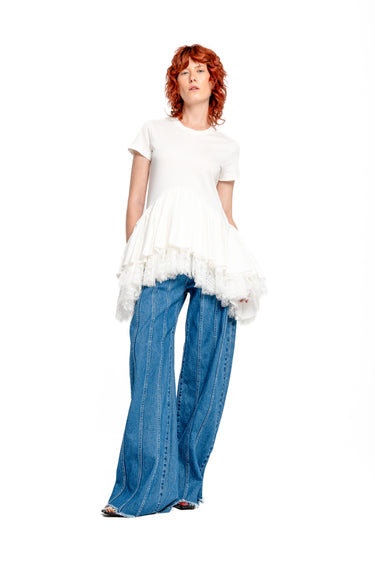 WHITE CAP SLEEVE T-SHIRT WITH FRILL AND LACE HEM marques almeida