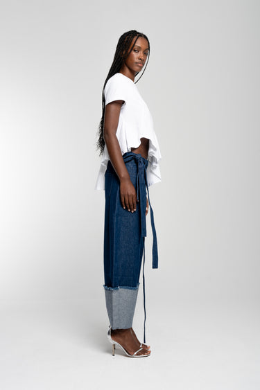 WHITE CAP SLEEVE T-SHIRT WITH PLEATS AND ASYMMETRIC HEM marques almeida