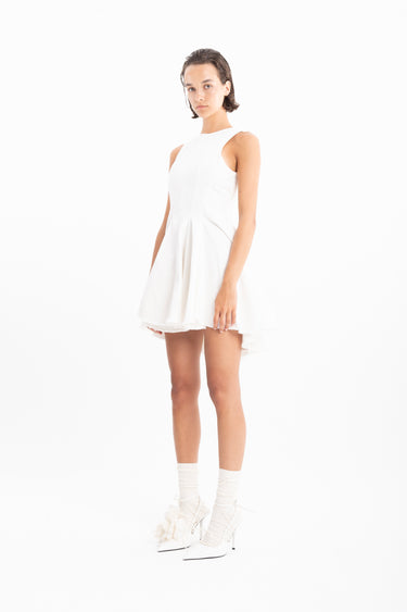 WHITE DENIM RACER SHAPE FLOUNCE MINI DRESS marques almeida