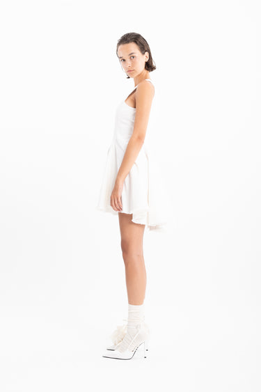 WHITE DENIM RACER SHAPE FLOUNCE MINI DRESS marques almeida