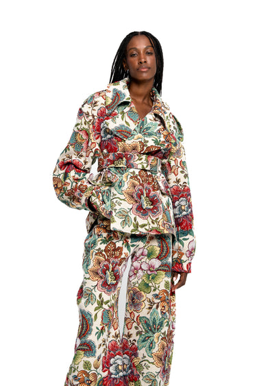 WHITE FLORAL BROCADE CROPPED TRENCH COAT STYLE JACKET marques almeida