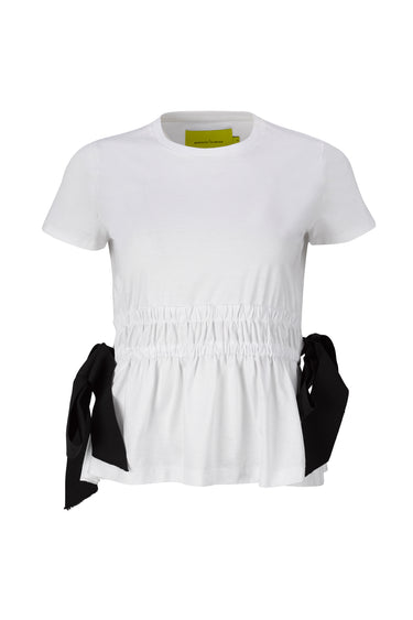 WHITE GATHERED CAP SLEEVE T-SHIRT WITH BLACK BOWS marques almeida